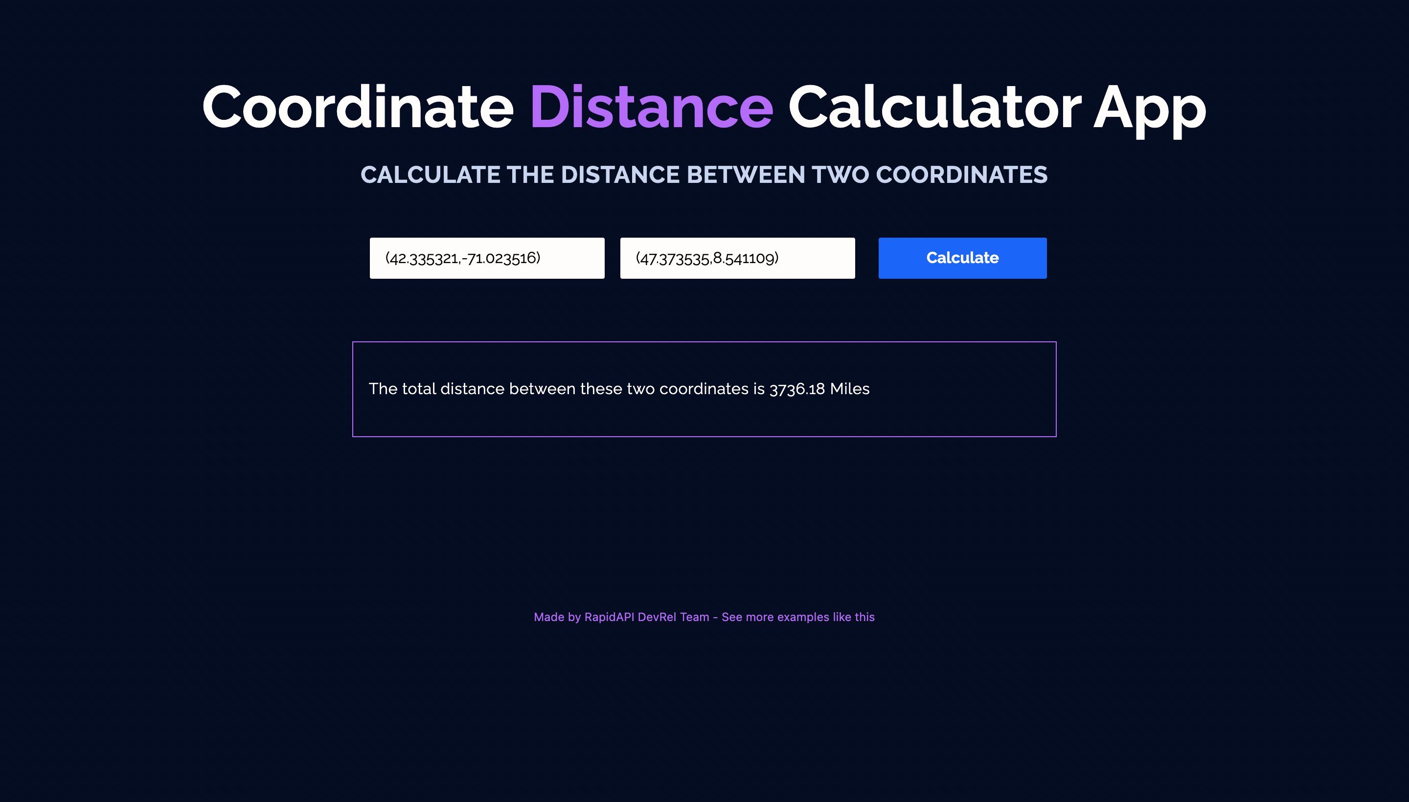 Coordinate Distance Calculator built with Next.js and Distance Calculator API