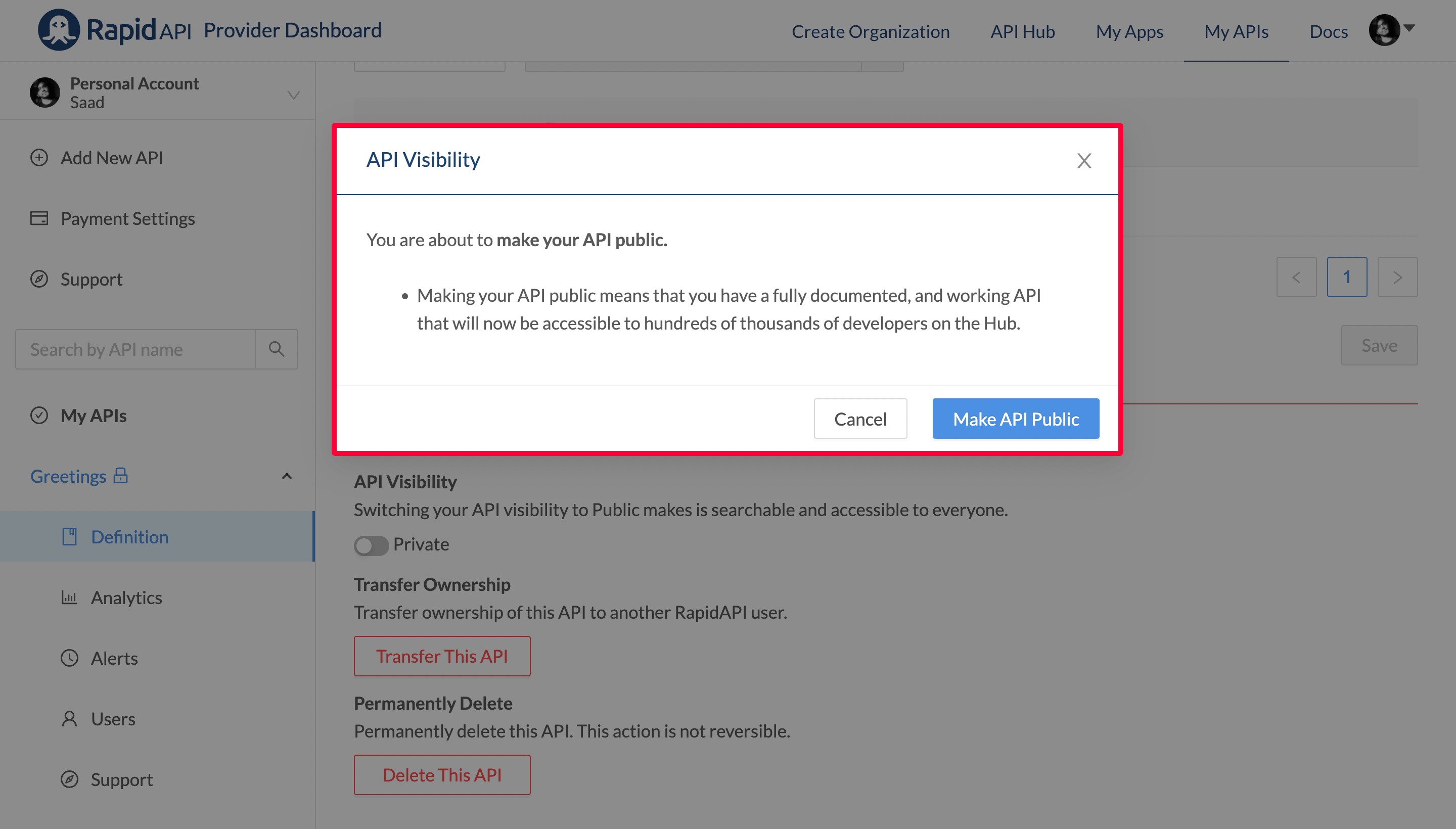 Changing The Visibility Status of the API
