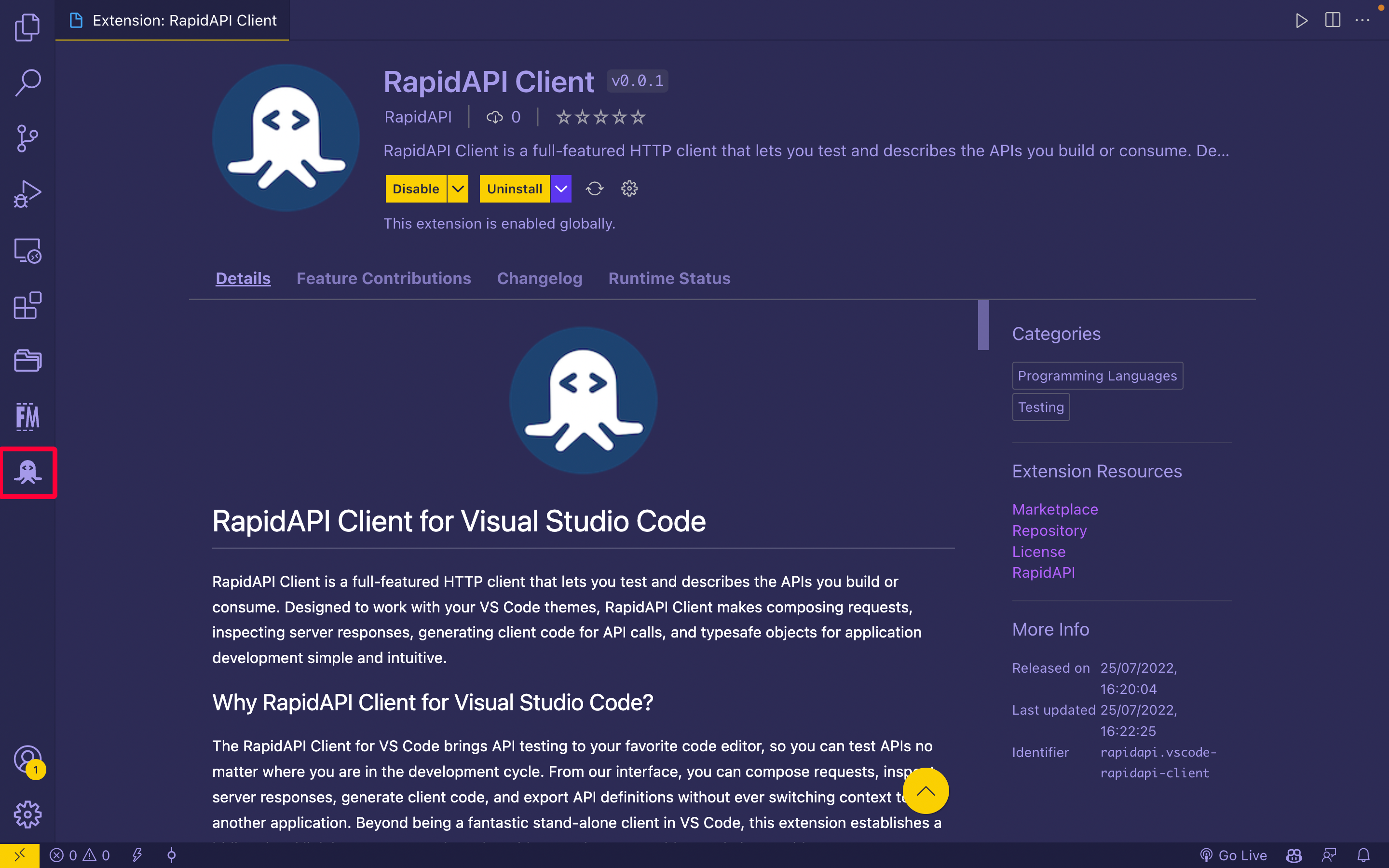 RapidAPI Client Installed