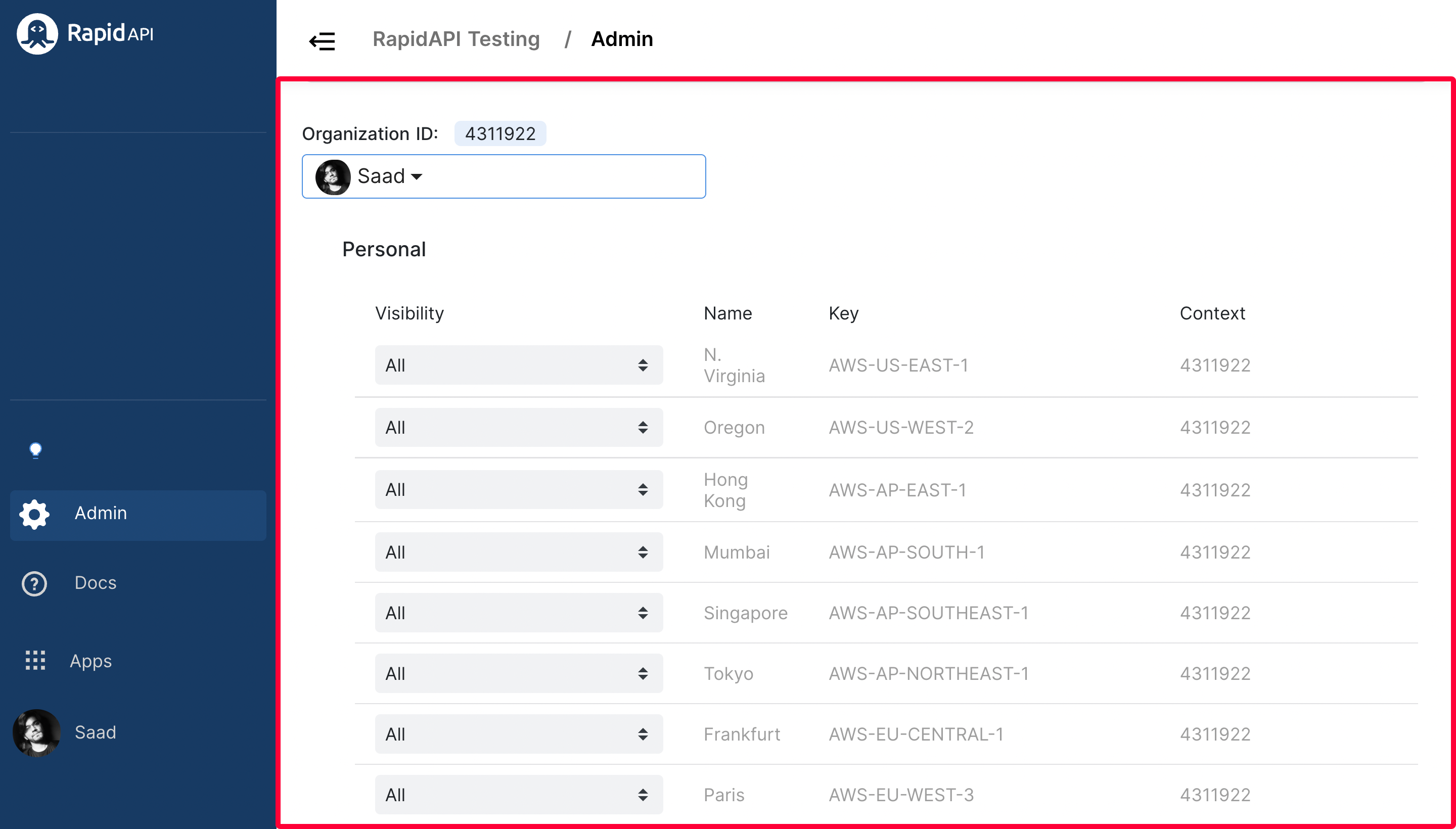 RapidAPI Testing Admin Section