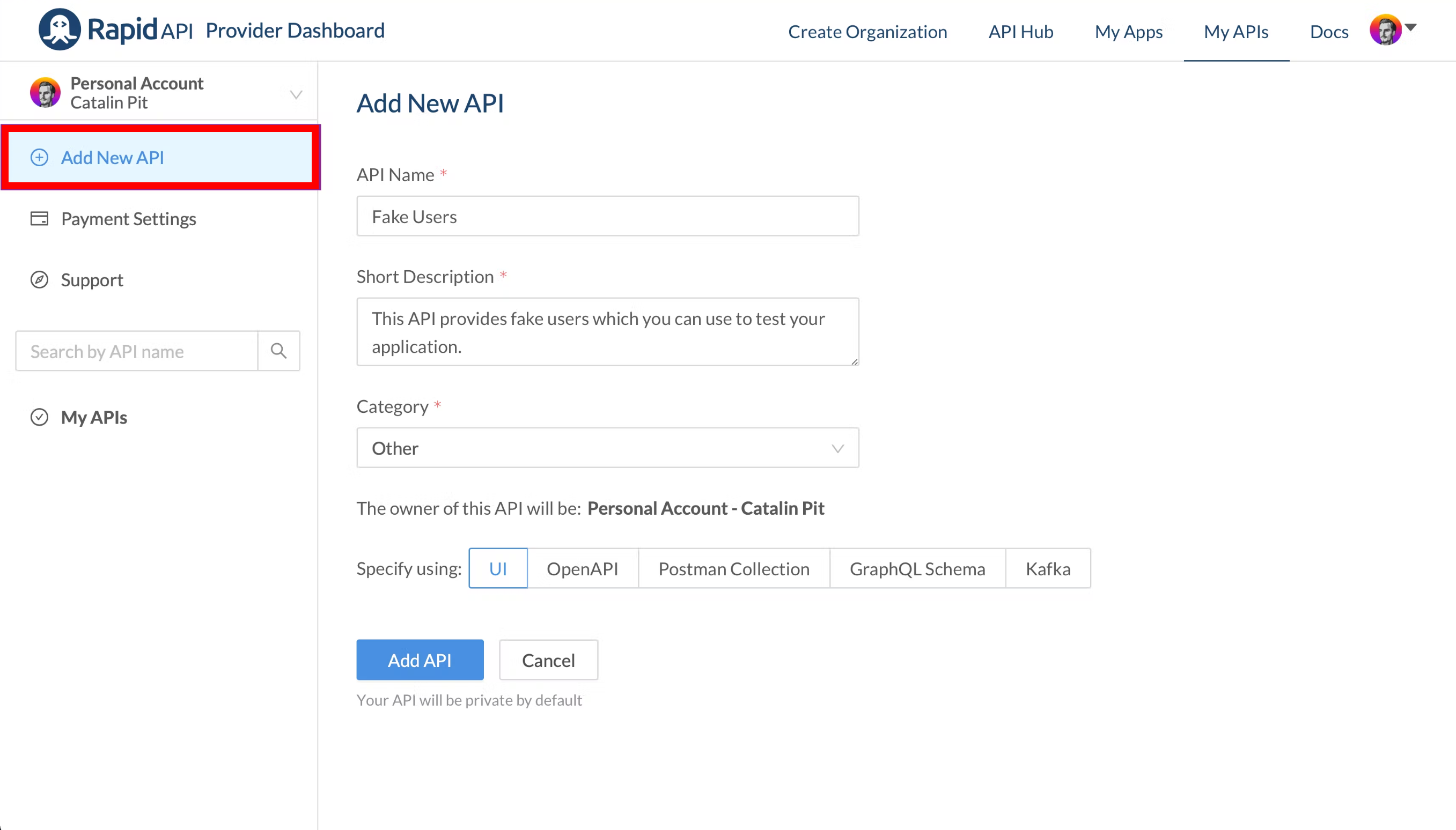Add new API on RapidAPI Hub