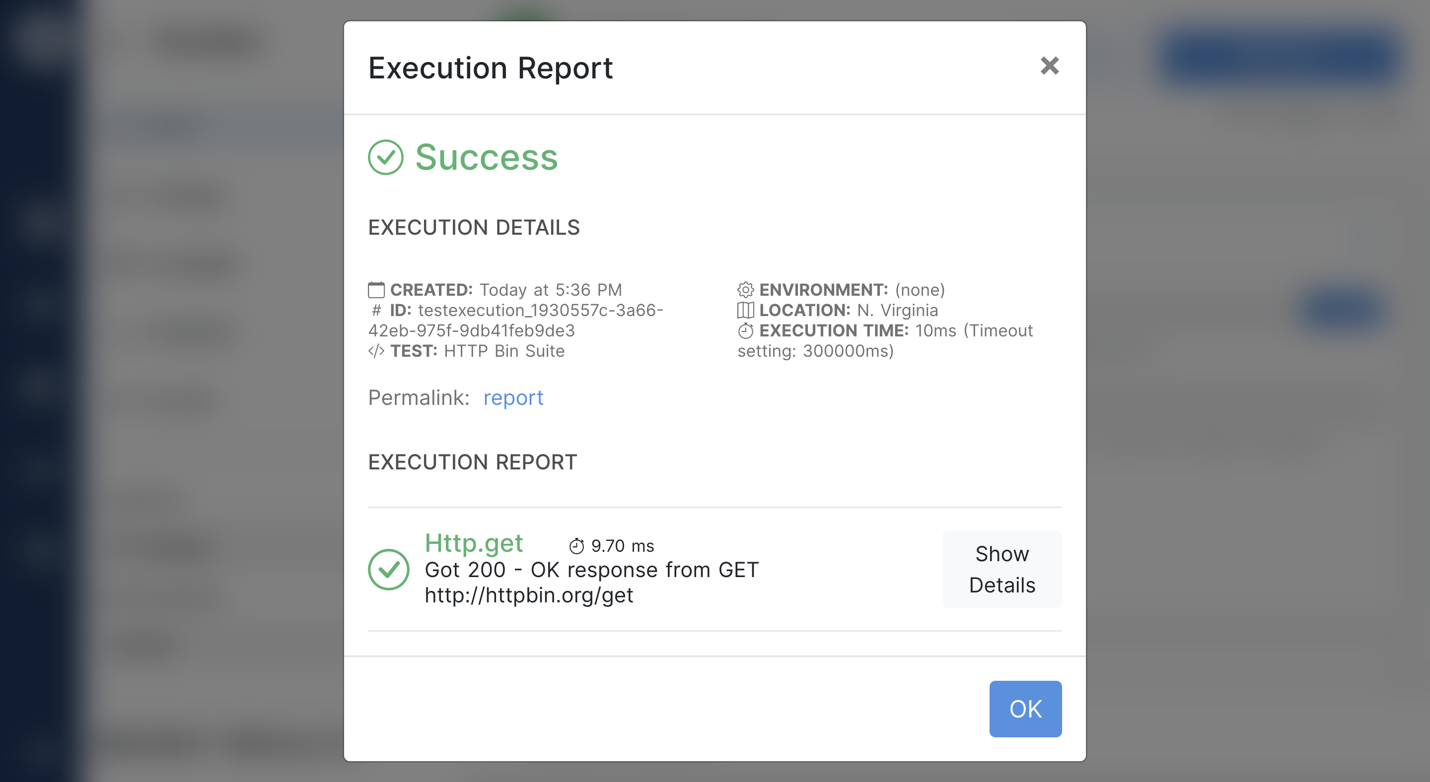 Execution report after running test