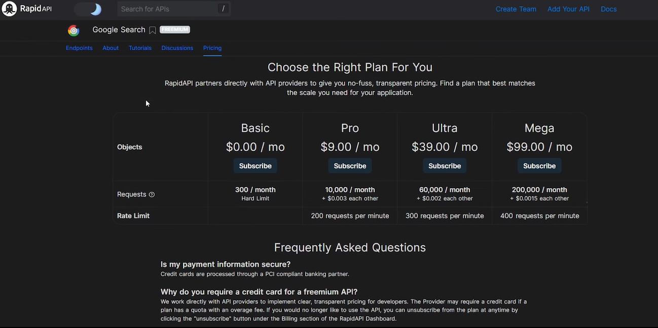 Pricing plans for the Google Search API