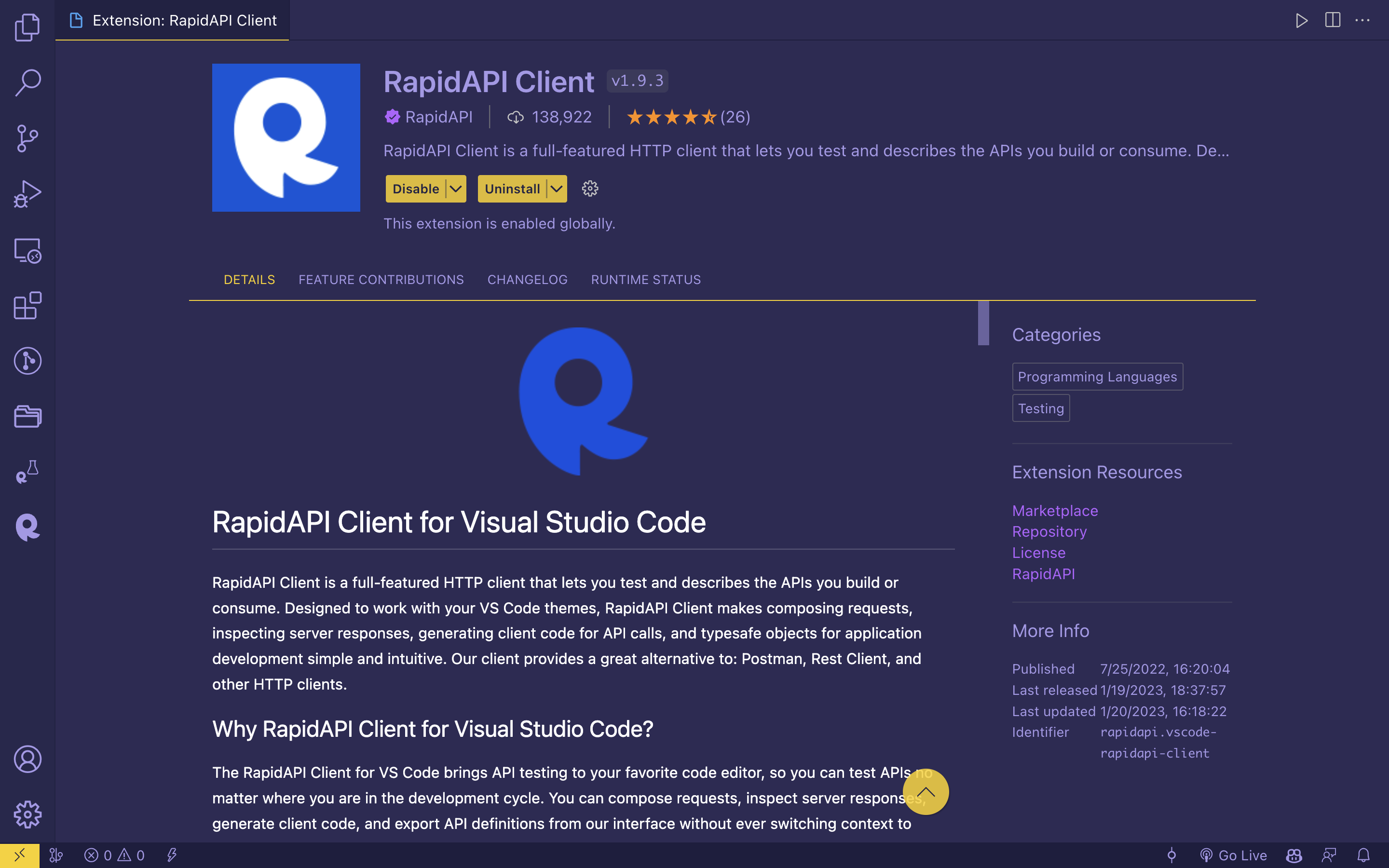 Install RapidAPI Client for VS Code