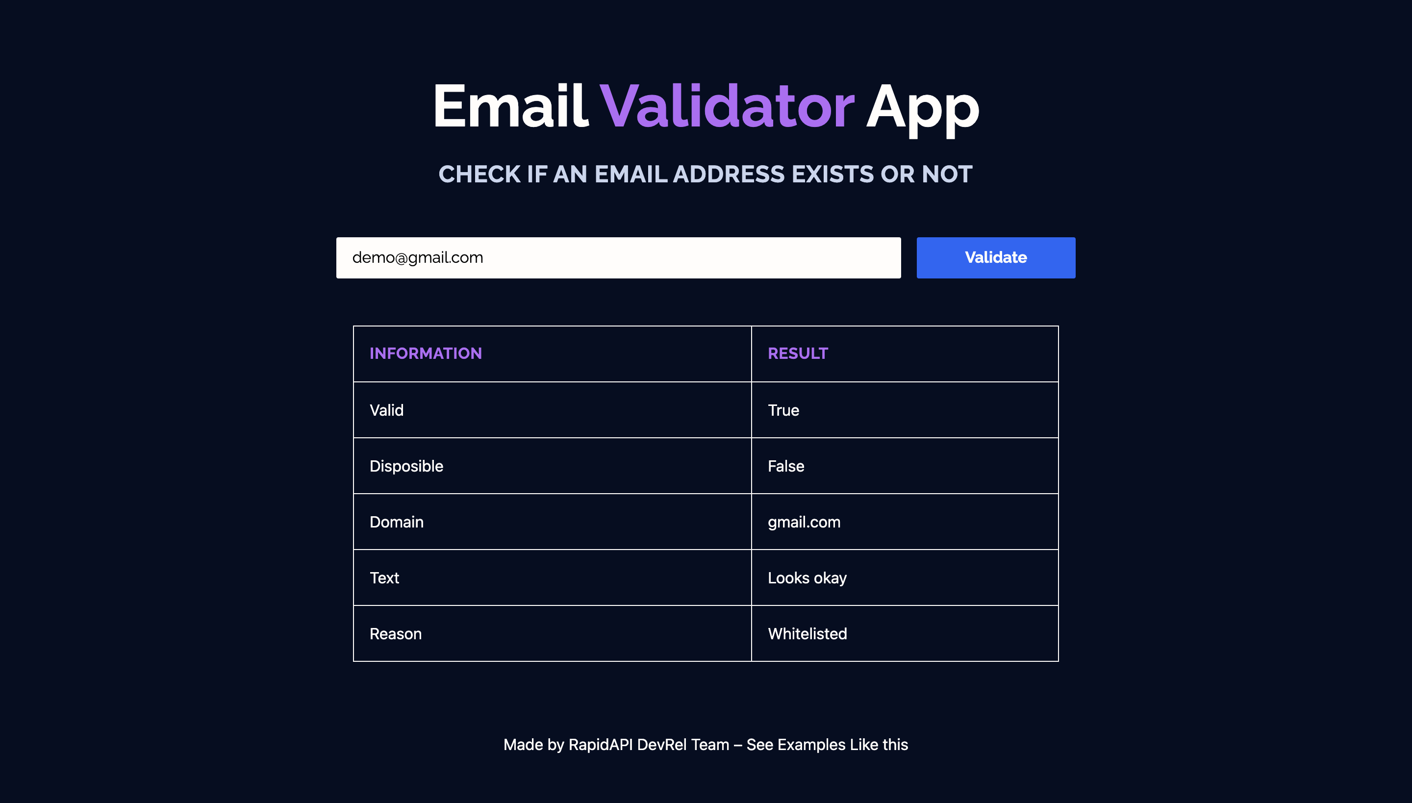 Email Validator App built with Email Check API