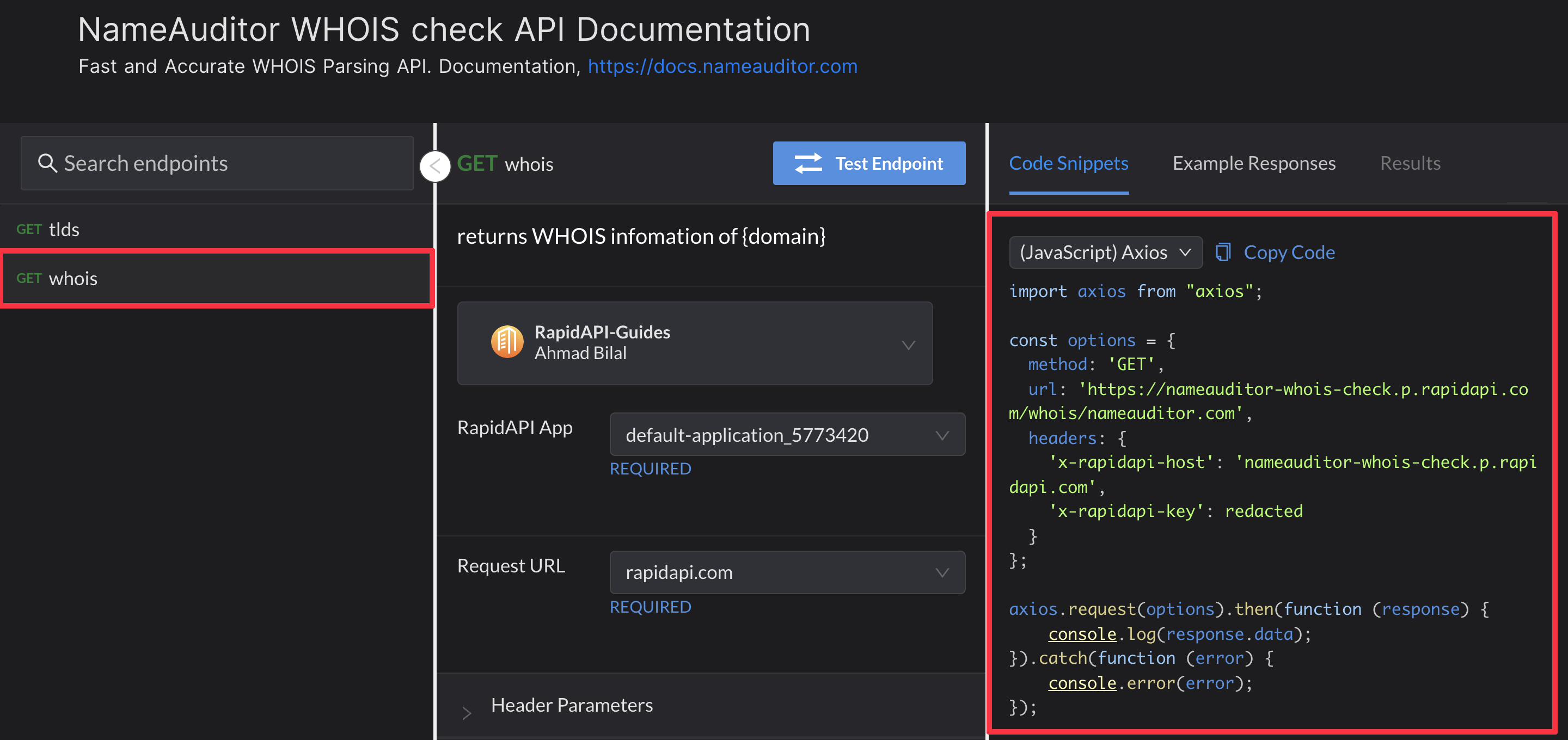 API Endpoints and (JavaScript) Axios Snippet