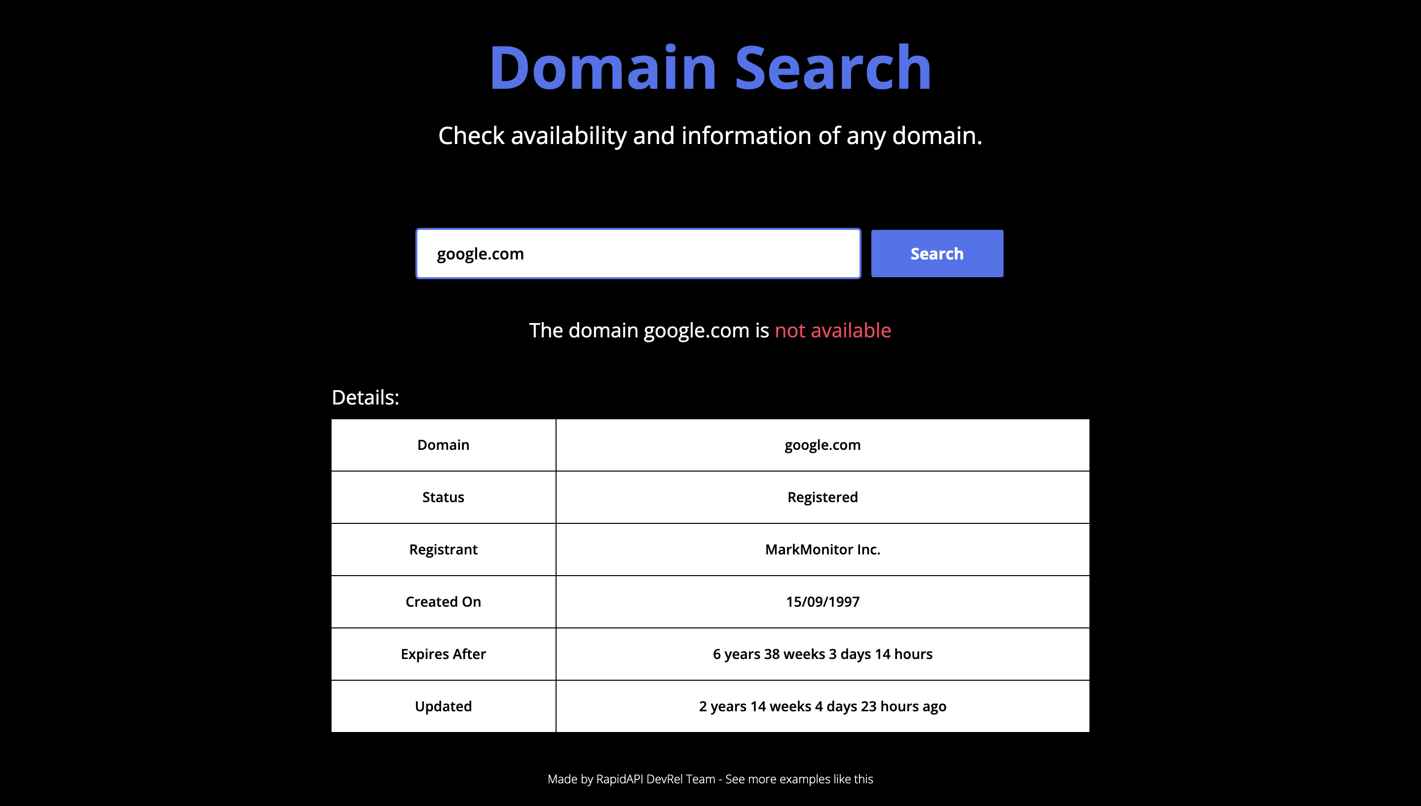 Domain App built using NameAuditor WHOIS API