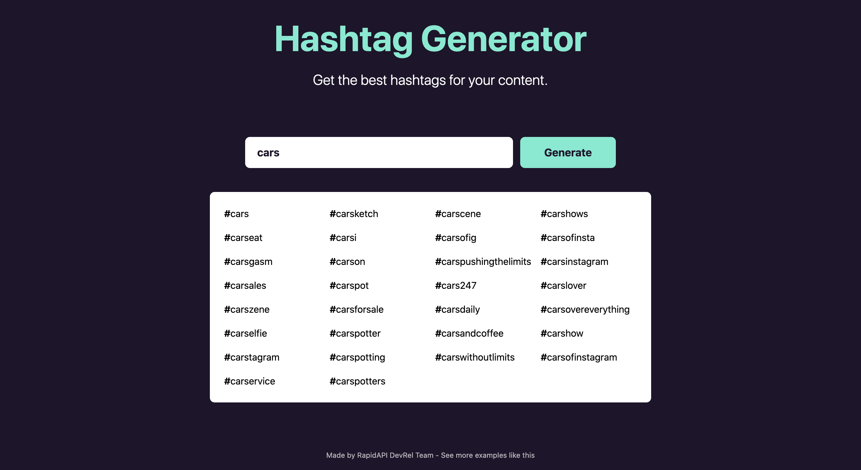 Hashtag Generator built using Hashtagy API