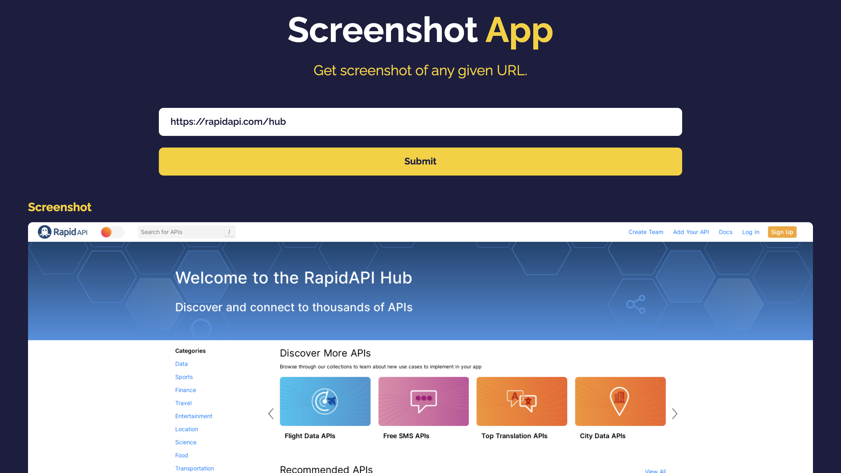 Screenshot App built using Website Screenshot API