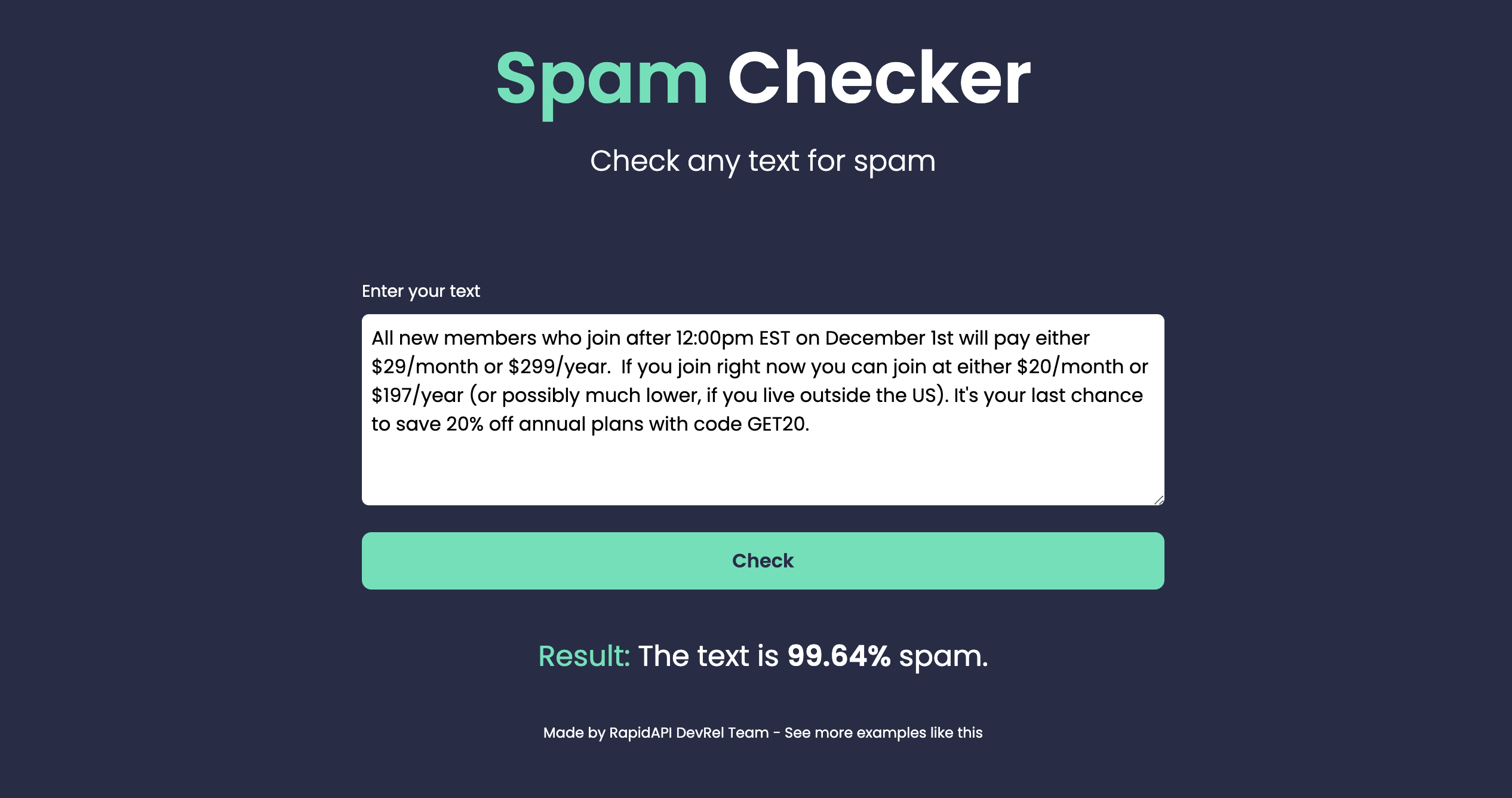 Spam Checker built using Spam Check API