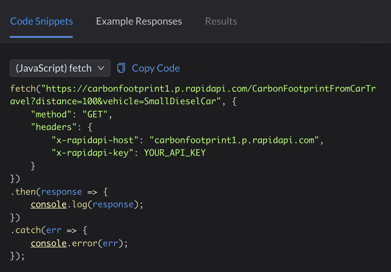Code Snippet for Fetch API