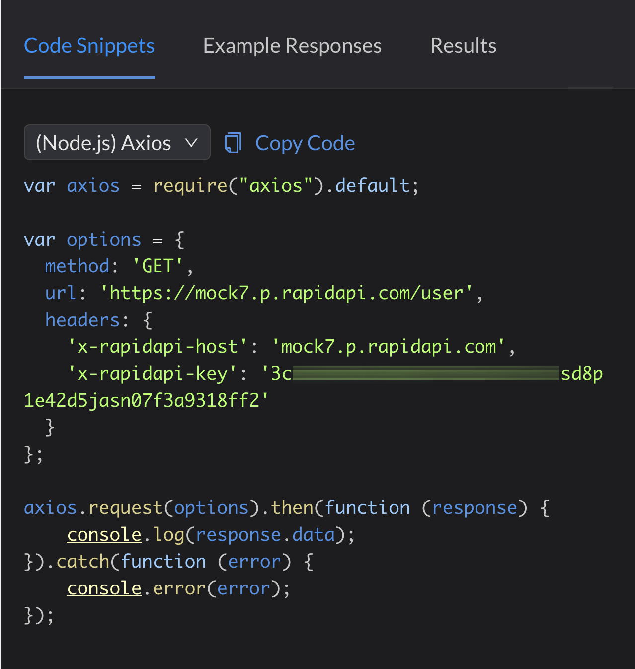 Code Snippet in Node.js for accessing our Mock API