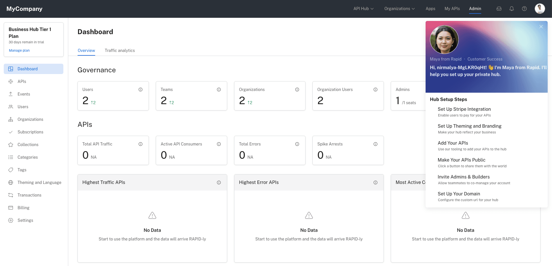 Rapid's API Hub for Business dashboard