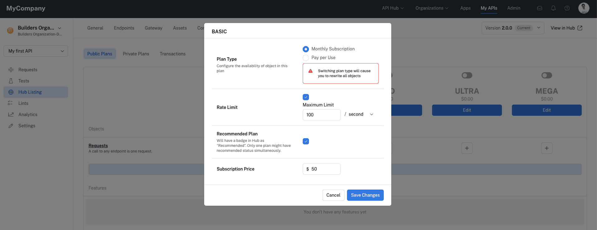 Editing a pricing plan for the new API project