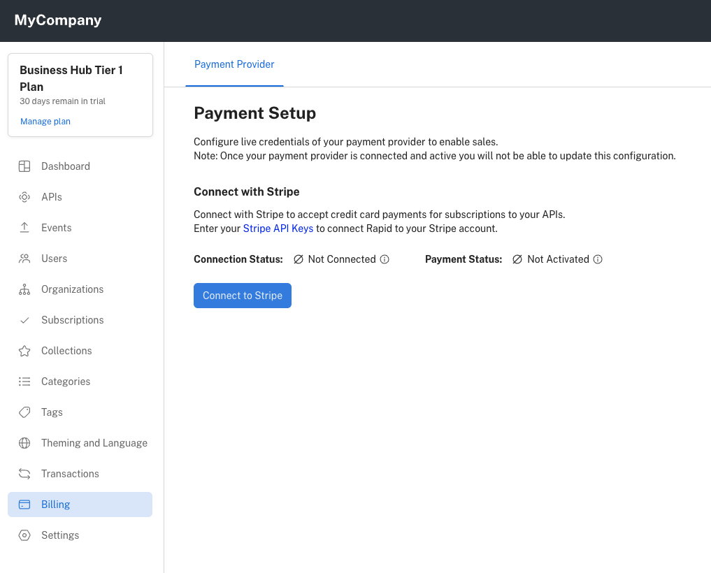 Payment setup for Rapid's API Hub for Business